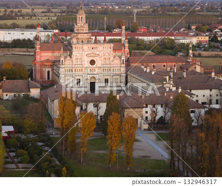Certosa di Pavia drone view close up at sunset 132946317