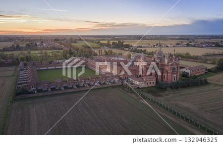 Certosa di Pavia aerial view at sunset 132946325