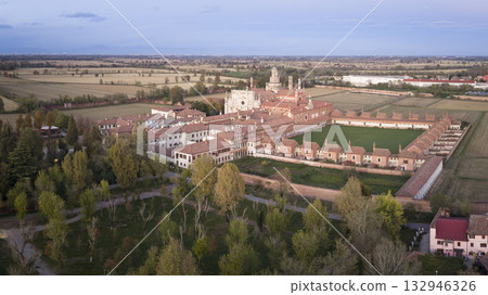 Certosa di Pavia aerial shot at evening 132946326