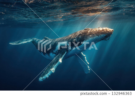 A humpback whale swims underwater. The sun's rays illuminate the swimming whale. A humpback whale swims underwater. The sun's rays illuminate the swimming whale. 132946363