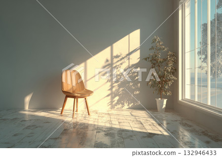 A modern living space with a wooden chair and decorative plant by a large window on a sunny day. 132946433