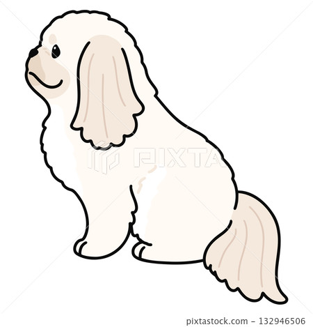 A simple and cute illustration of a white Pekingese sitting sideways with main lines A simple and cute illustration of a white Pekingese sitting sideways with main lines 132946506