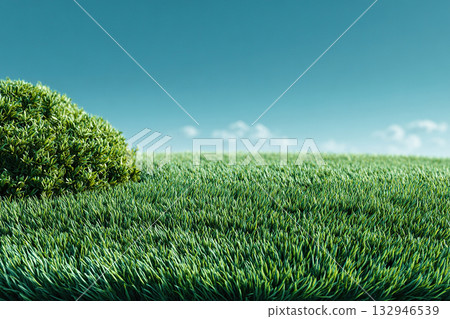 A large, open field of grass with a clear blue sky above. The grass is lush and green, and there are no trees in the foreground. The scene is peaceful and serene A large, open field of grass with a clear blue sky above. The grass is lush and green, and there are no trees in the foreground. The scene is peaceful and serene 132946539