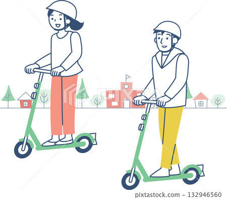 Men and women riding electric kick scooters Men and women riding electric kick scooters 132946560