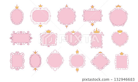 Princess frame mirror set line fairy. Whimsical cute doodle mirrors with crown for baby princess. Collection elegant pastel decor. Princess frame mirror set line fairy. Whimsical cute doodle mirrors with crown for baby princess. Collection elegant pastel decor. 132946683
