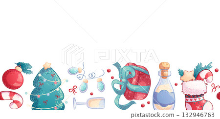 Seamless border with festive elements. The concept of Christmas and New Year. Gift box, Christmas tree, candy cane, garland, champagne. Vector illustration for postcards, posters, banners, websites 132946763