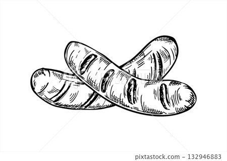 Two vector grilled meat sausages monochrome line art illustration painted by black inks. Monochrome bratwurst or chorizo griller for butcher shop label, BBQ festival poster, packaging design 132946883