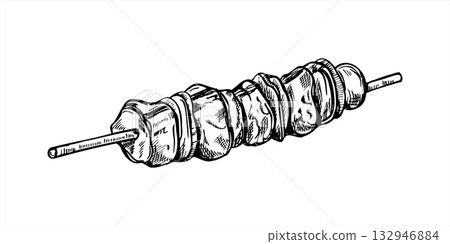 Monochrome vector fried meat pieces on wooden skewer line art black ink sketch. Etching drawing of grilled beef or chicken shashlik for BBQ menus, street food poster, summer party design Monochrome vector fried meat pieces on wooden skewer line art black ink sketch. Etching drawing of grilled beef or chicken shashlik for BBQ menus, street food poster, summer party design 132946884