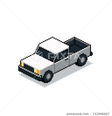 Isometric Pixel Art White Pickup Truck.Minimal 8-bit style vehicle illustration 132946887