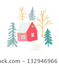 Winter holidays cabin in snowy forest, hand painted watercolor illustration 132946966