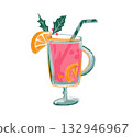 Winter hot mulled wine, served red drink in tall bar glass, christmas market special drink illustration 132946967