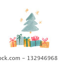 Simple watercolor christmas tree and gift boxes. Merry Christmas greeting card design 132946968