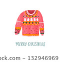 Knitted ugly sweater Christmas party, red watercolor painted jumper isolated 132946969