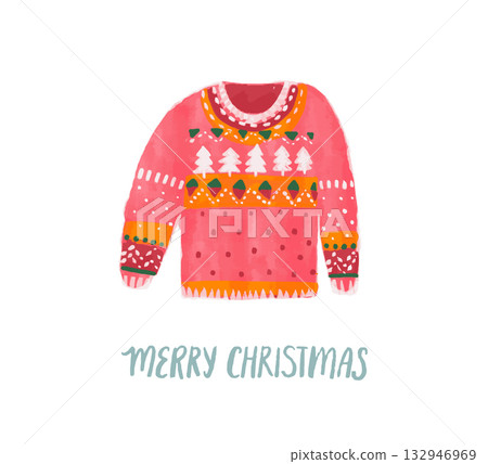 Knitted ugly sweater Christmas party, red watercolor painted jumper isolated Knitted ugly sweater Christmas party, red watercolor painted jumper isolated 132946969