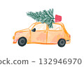 Christmas tree car delivery, pine tree in pot on the roof, watercolor painted hand drawn illustration 132946970