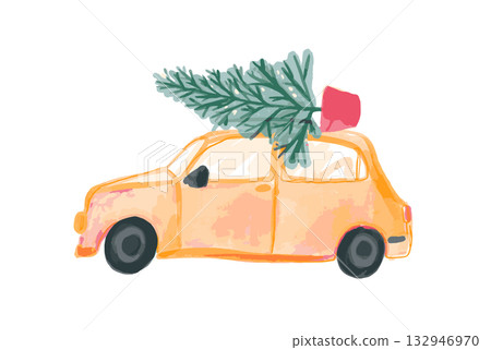 Christmas tree car delivery, pine tree in pot on the roof, watercolor painted hand drawn illustration Christmas tree car delivery, pine tree in pot on the roof, watercolor painted hand drawn illustration 132946970