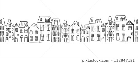 Old street with houses in Amsterdam style seamless banner painted by black inks. Vector monochrome European various buildings horizontal pattern. Illustration for Xmas textile, travel blogs Old street with houses in Amsterdam style seamless banner painted by black inks. Vector monochrome European various buildings horizontal pattern. Illustration for Xmas textile, travel blogs 132947181