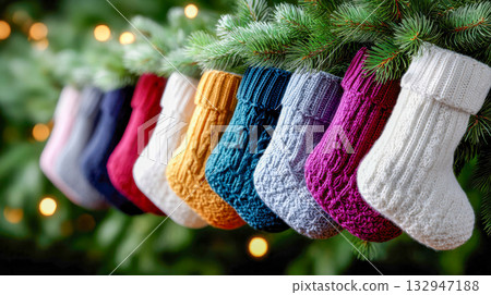 Row of multicolored knitted Christmas stockings hanging from pine garland with festive lights 132947188