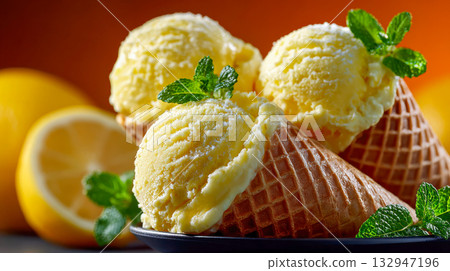 Three scoops of lemon ice cream in waffle cones, decorated with mint leaves and surrounded by fresh lemons 132947196