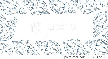Blue line art style drawing of seashell decorative horizontal frame isolated on a white background. Suitable for marine coastal and summer themed design. 132947282