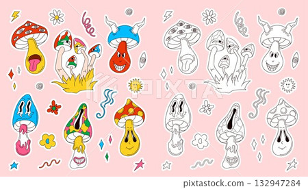 Groovy line art style psychedelic mushroom and abstract element set on pink background. Design for coloring book. Groovy line art style psychedelic mushroom and abstract element set on pink background. Design for coloring book. 132947284