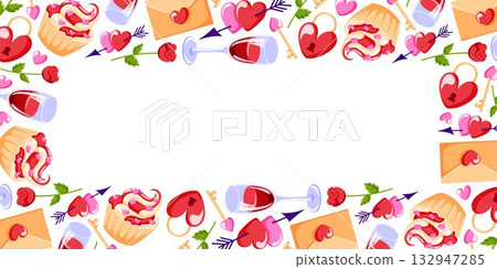 Romantic Valentine day border with heart, rose, wine glasses, cupcake, letter and lock in flat style. Design for romantic card and invitation. 132947285