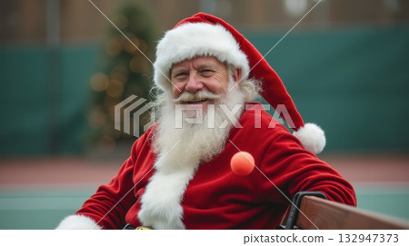 santa claus sit on bench with pickleball paddle santa claus sit on bench with pickleball paddle 132947373