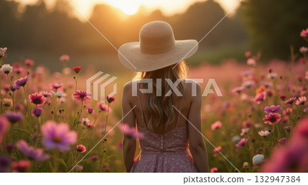 woman in a hat on lavender field 132947384