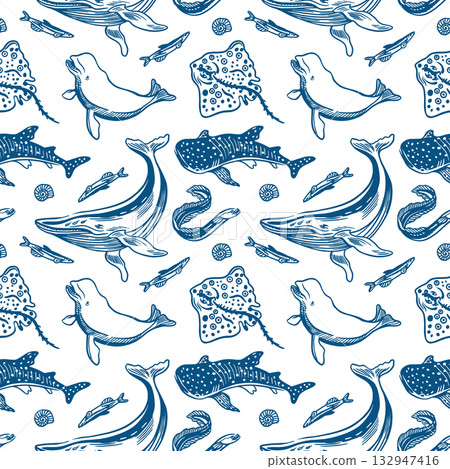 Sea animals seamless pattern. Hand drawn line art illustration of a whale, dolphin, shark, stingray and fish. Vector clip art for wrapping paper, fabric and cards. 132947416
