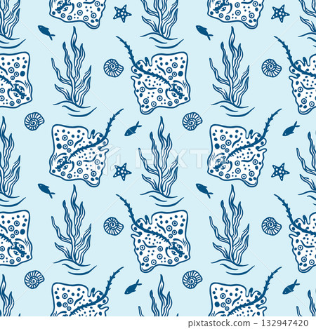 Sea creatures seamless pattern. Hand drawn line art illustration of stingrays, seaweed, fish, shells and starfish. Vector clip art for wrapping paper, fabric and cards. 132947420