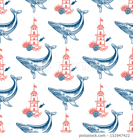 Whales and lighthouse seamless pattern. Hand drawn line art illustration of nautical symbols. Vector clip art for wrapping paper, fabric and cards. Whales and lighthouse seamless pattern. Hand drawn line art illustration of nautical symbols. Vector clip art for wrapping paper, fabric and cards. 132947422