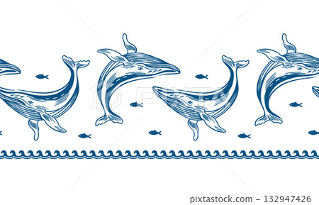 Blue whales seamless border. Hand drawn line art illustration of fish and waves. Vector clip art for wrapping paper, fabric and festival banners. Suitable for tableware decor. 132947426