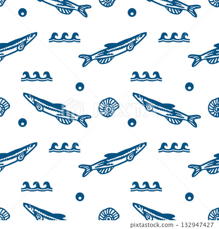 Sardines, shells and waves seamless pattern. Hand drawn line art illustration of fish. Vector clip art for wrapping paper, fabric and festival cards. 132947427