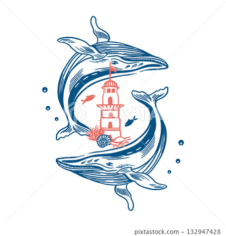 Two whales and a lighthouse with fish and shells. Hand drawn vector line art illustration in blue for posters and banners. Perfect for a travel postcard. Two whales and a lighthouse with fish and shells. Hand drawn vector line art illustration in blue for posters and banners. Perfect for a travel postcard. 132947428
