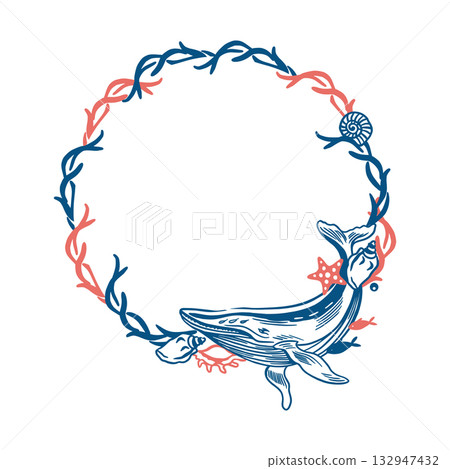 Nautical wreath with a whale, seaweed and shells. Simple hand drawn line art illustration. Vector clip art for postcards, labels and posters. 132947432