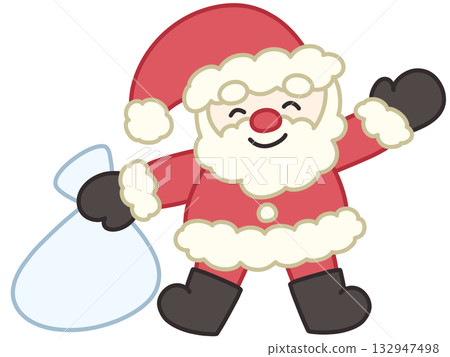 微笑的聖誕老人手提禮品袋,舉起手 微笑的聖誕老人手提禮品袋,舉起手 132947498
