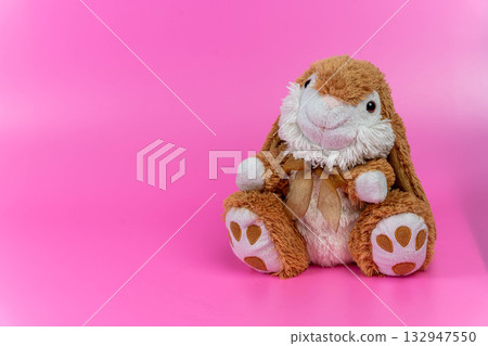Plush bunny toy with soft fur and cute facial features, sitting against a vibrant pink background, perfect for children's decor or Easter celebrations, evoking warmth and joy 132947550