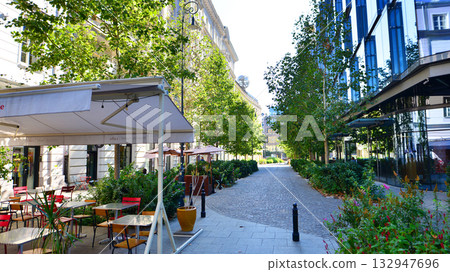 Warsaw, Poland. 21 September 2025. Bracka in downton lined with granite slabs and planted with plants and shrubs street. City promenade during summer day. City architecture with shops and greenery. 132947696