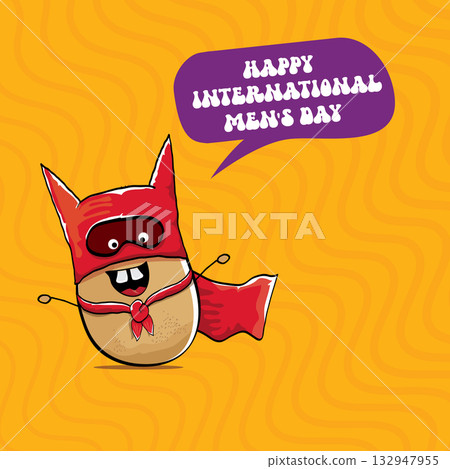 International mens day vector cartoon greeting card with funny cartoon cute brown super hero potato with red hero cape and mask on orange pattern background. Celebrating Men and Boys square banner 132947955