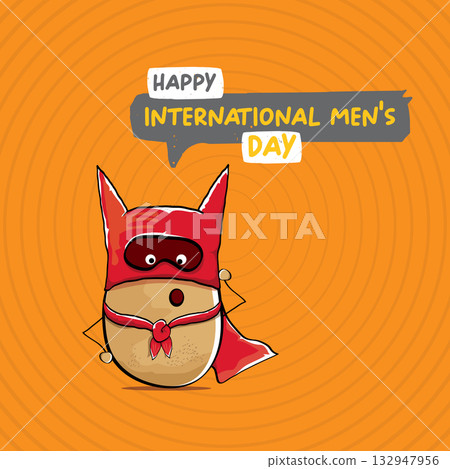 International mens day vector cartoon greeting card with funny cartoon cute brown super hero potato with red hero cape and mask on orange pattern background. Celebrating Men and Boys square banner 132947956