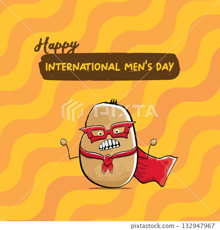 International mens day vector cartoon greeting card with funny cartoon cute brown super hero potato with red hero cape and mask on orange pattern background. Celebrating Men and Boys square banner International mens day vector cartoon greeting card with funny cartoon cute brown super hero potato with red hero cape and mask on orange pattern background. Celebrating Men and Boys square banner 132947967
