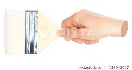 Woman hand holds paint brush, isolated on transparent background, painting and design concept. Contemporary art 132948097
