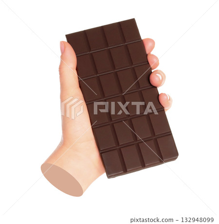 Woman hand holds chocolate bar, isolated on transparent background, sweet food concept. Contemporary art Woman hand holds chocolate bar, isolated on transparent background, sweet food concept. Contemporary art 132948099