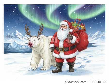 聖誕老人與白熊馴鹿在北極漫步 132948136