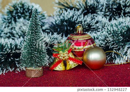 Straight view of Christmas decoration with customizable space for text or wishes. Christian celebration concept. 132948227