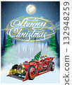 Vector Christmas poster with cartoon vintage Christmas sport car 132948259