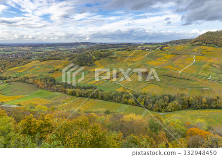 Autumn grapevines covering hills in Bourgogne Franche Comte, France Autumn grapevines covering hills in Bourgogne Franche Comte, France 132948450