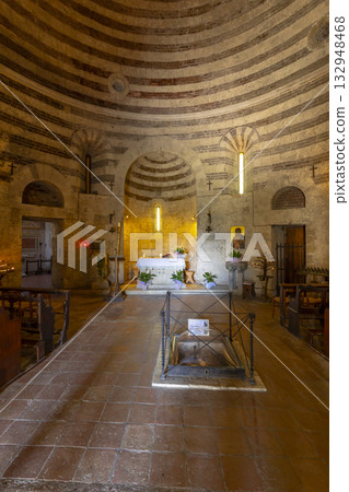 San Galgano hermitage interior showing altar and tomb 132948468