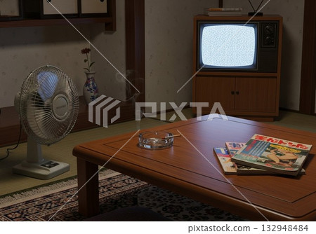 Retro Showa-era Japanese-style living room with a CRT TV and electric fan 132948484