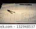 Architectural design and drafting work at home at night (taking a break) 132948537